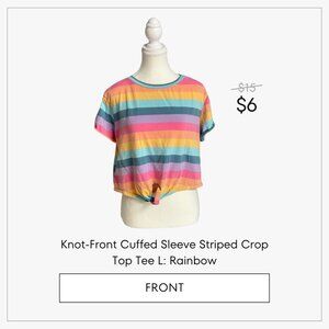 Knot-Front Cuffed Sleeve Striped Crop Top Tee L: Rainbow